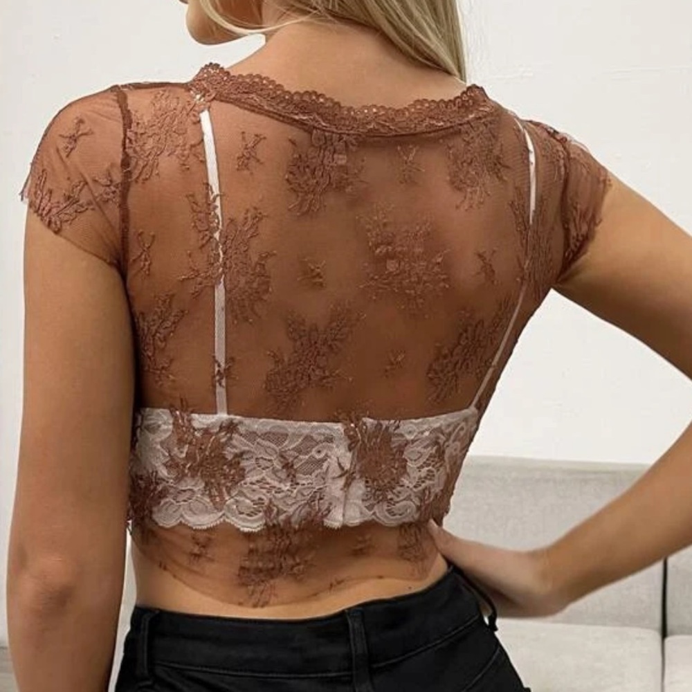 Lace Mesh Brown embroidered tie top - Picture 5 of 5